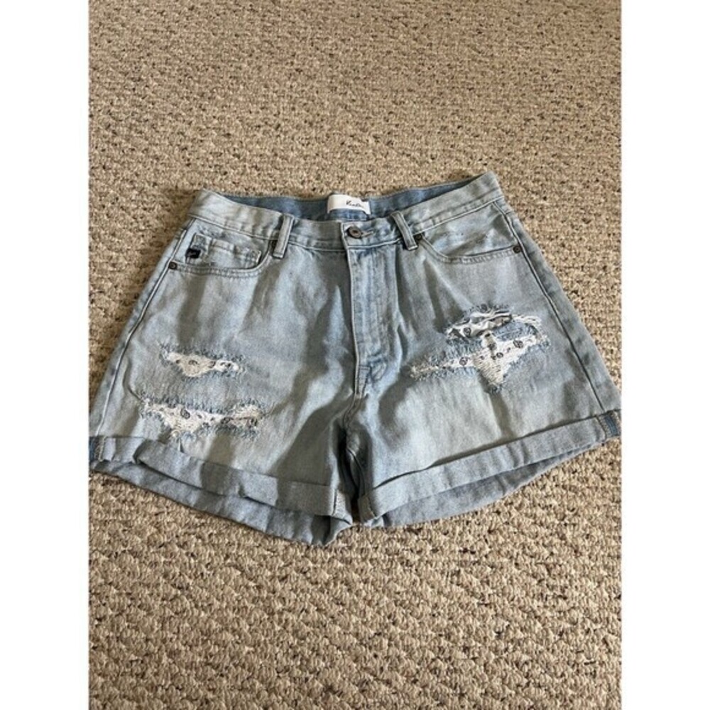 RANCAN Cuffed‎ Ripped Jean Shorts SIZE L Paisley Pockets